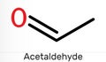 Acetaldehyde, ethanal, CH3CHO molecule. It is ketone, is used in the manufacture of acetic acid, perfumes, dyes, drugs, as a