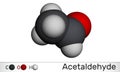 Acetaldehyde, ethanal, CH3CHO molecule. It is ketone, is used in the manufacture of acetic acid, perfumes, dyes, drugs, as a