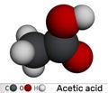 Acetic acid, ethanoic acid, CH3COOH molecule. Molecular model. 3D rendering Royalty Free Stock Photo