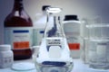 Acetic anhydride in glass, chemical in the laboratory and industry