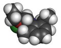 Acetochlor herbicide molecule. 3D rendering. Atoms are represented as spheres with conventional color coding: hydrogen white,