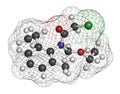 Acetochlor herbicide molecule. 3D rendering. Atoms are represented as spheres with conventional color coding: hydrogen white,.