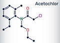 Acetochlor molecule. It is chloroacetanilide, herbicide, a xenobiotic and an environmental contaminant. Skeletal chemical formula