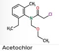 Acetochlor molecule. It is chloroacetanilide, herbicide, a xenobiotic and an environmental contaminant. Skeletal chemical formula