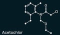 Acetochlor molecule. It is chloroacetanilide, herbicide, a xenobiotic and an environmental contaminant. Skeletal chemical formula