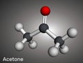 Acetone ketone molecule. It is organic solvent. Molecular model. 3D rendering