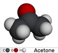 Acetone ketone molecule. It is organic solvent. Molecular model. 3D rendering