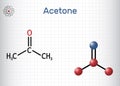 Acetone ketone molecule. It is organic solvent. Structural chemical formula and molecule model. Sheet of paper in a cage