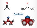 Acetone ketone molecule. It is organic solvent. Structural chemical formula and molecule model