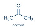 Acetone solvent molecule. Organic solvent used in nail polish remover. Skeletal formula.