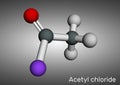 Acetyl chloride molecule. It is acyl chloride, acyl halide. Molecule model. Molecular model. 3D rendering