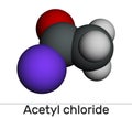 Acetyl chloride molecule. It is acyl chloride, acyl halide. Molecule model. Molecular model. 3D rendering