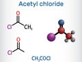 Acetyl chloride molecule. It is acyl chloride, acyl halide. Structural chemical formula and molecule model. Vector