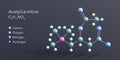 acetylcarnitine molecule 3d rendering, flat molecular structure with chemical formula and atoms color coding