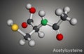 Acetylcysteine, N-acetylcysteine, NAC drug molecule. It is an antioxidant and glutathione inducer. Molecular model. 3D rendering