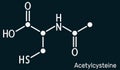 Acetylcysteine, N-acetylcysteine, NAC drug molecule. It is an antioxidant and glutathione inducer. Skeletal chemical