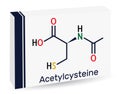 Acetylcysteine, N-acetylcysteine, NAC drug molecule. It is an antioxidant and glutathione inducer. Skeletal chemical formula.
