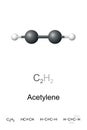 Acetylene, ethyne, C2H2, ball-and-stick model, chemical formula