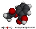 Acetylsalicylic acid, aspirin, ASA molecule. It is salicylate, analgesic and antipyretic drug. Molecular model. 3D rendering