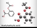 Acetylsalicylic acid, aspirin, ASA molecule. It is salicylate, analgesic and antipyretic medication used to treat pain