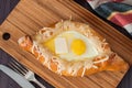 Acharuli Khachapuri. Georgian bread cheese and egg Royalty Free Stock Photo