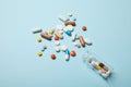 Aches and pains concept, medicine background. Pharmacy vitamins in pill Royalty Free Stock Photo