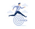 Achieve target, success mission or victory concept, success skillful businessman jumping over arrow,modern flat vector