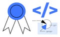 Achievement Badge with Code Bracket, Analytics Chart, and Flow Elements in Minimalist Design Royalty Free Stock Photo