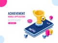 Achievement in education process isometric, mobile phone with golden cup, winner smartphone game, business success