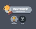 Achievement panel design. Attainment banner concept with winner cup. Reward icon in cartoon style. Royalty Free Stock Photo