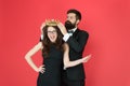 Achievement. Promotion and reward. Prom queen. Bearded man sexy girl. Royal party. Prom couple in formal style. Prom