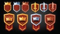 3D game badge shield set, vector level up UI medieval rank sword, golden silver bronze knight crown.