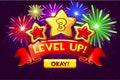 Achievement screen, cartoon icon Level up and button. GUI elements. Icons for game design Royalty Free Stock Photo