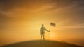 achievement, success ,leadership of business man concept, silhouette of businessman flag on the top of mountain with sunrise or s