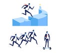 Achieving Goal with Business Man Jumping Over Gap and Riding Hoverboard Vector Set