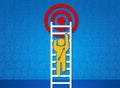 Achieving success. Person with arrow climbing ladder upwards to reach target, blue background. Creative illustration Royalty Free Stock Photo