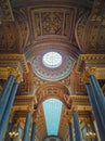 Achitectural details with the glass ceiling and golden ornaments inside the Versailles palace hall, Gallery of Great Battles, the Royalty Free Stock Photo