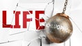 Achluophobia and life - pictured as a word Achluophobia and a wreck ball to symbolize that Achluophobia can have bad effect and