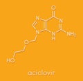 Aciclovir acyclovir antiviral drug molecule. Used in treatment of herpes simplex virus cold sores, herpes zoster shingles.