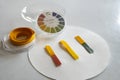 Acid - base detection through litmus paper. The color of the paper identifies an acid or basic solution