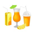 Acid Citrus Drinks in Glass and Carton Isolated on White Background Vector Composition