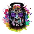 Acid dog head in eyeglasses and headphones illustration on white background with colorful creative elements Royalty Free Stock Photo