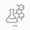 Acid flat line icon. Vector outline illustration of flask and molecular structure. Black thin linear pictogram for