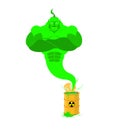 Acid Genie of barrels of toxic waste. Green Magic spirit. Vector