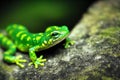 Acid green salamander sleeps sitting on stone with its paws spread.