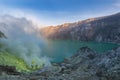 Acid lake in the crater of Mount Ijen, Indonesia. Volcanic smoke and sulfur deposits. Blue sky behind far crater wall.