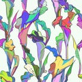 Acid lilies on white background, hand drawn multicolor floral seamless background