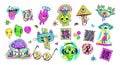 Acid psychedelic stickers. Trippy trendy sticker in crazy cartoon style 80s 60s, surreal abstract bright patch weird