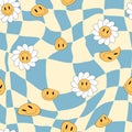 Acid rave smiley daisy checkered seamless pattern in retro y2k style. Vintage trippy psychedelic distorted background Royalty Free Stock Photo