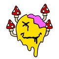 Acid smile face with brain. Melted rave and techno symbol of 90s.